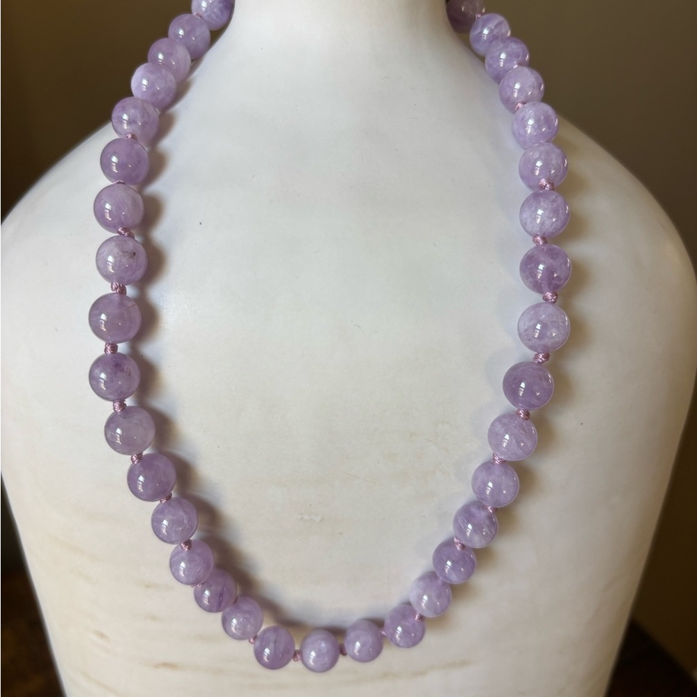Lavender Quartz 9–10mm Gemstone Bead Necklace Hand Knotted 19.5” Toggle